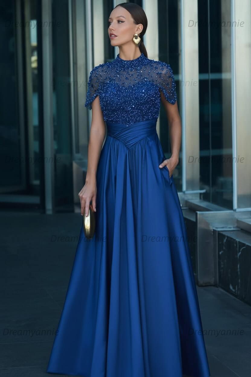 Green A Line Prom Dress Short Sleeve High Neck Beaded Evening Dress