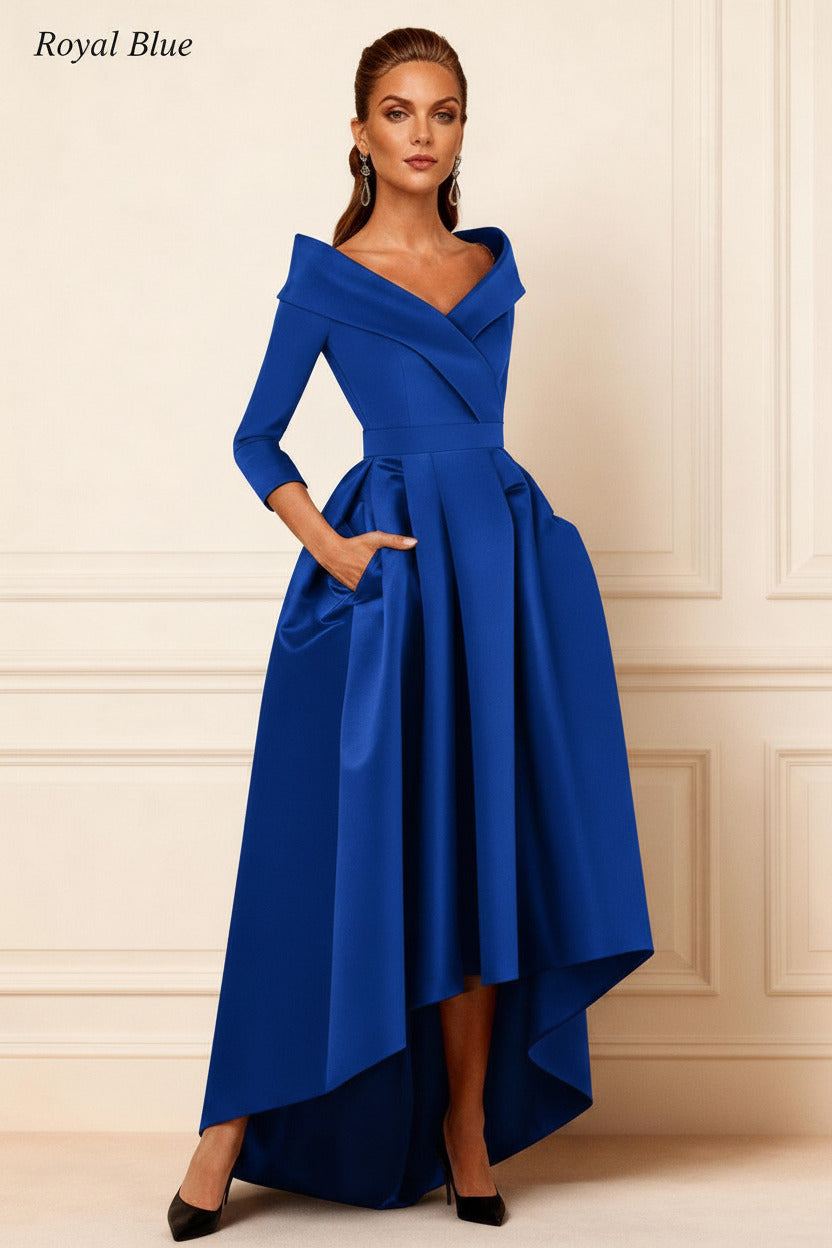 Dreamyannie Dark Navy V Neck Satin High Low Mother Of The Bride Dress With Pockets