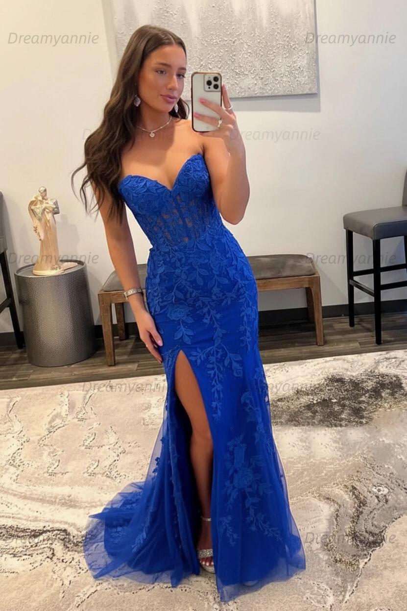 Light Blue Prom Dress Mermaid Sweetheart Corset Long Laced Evening Dress with Slit