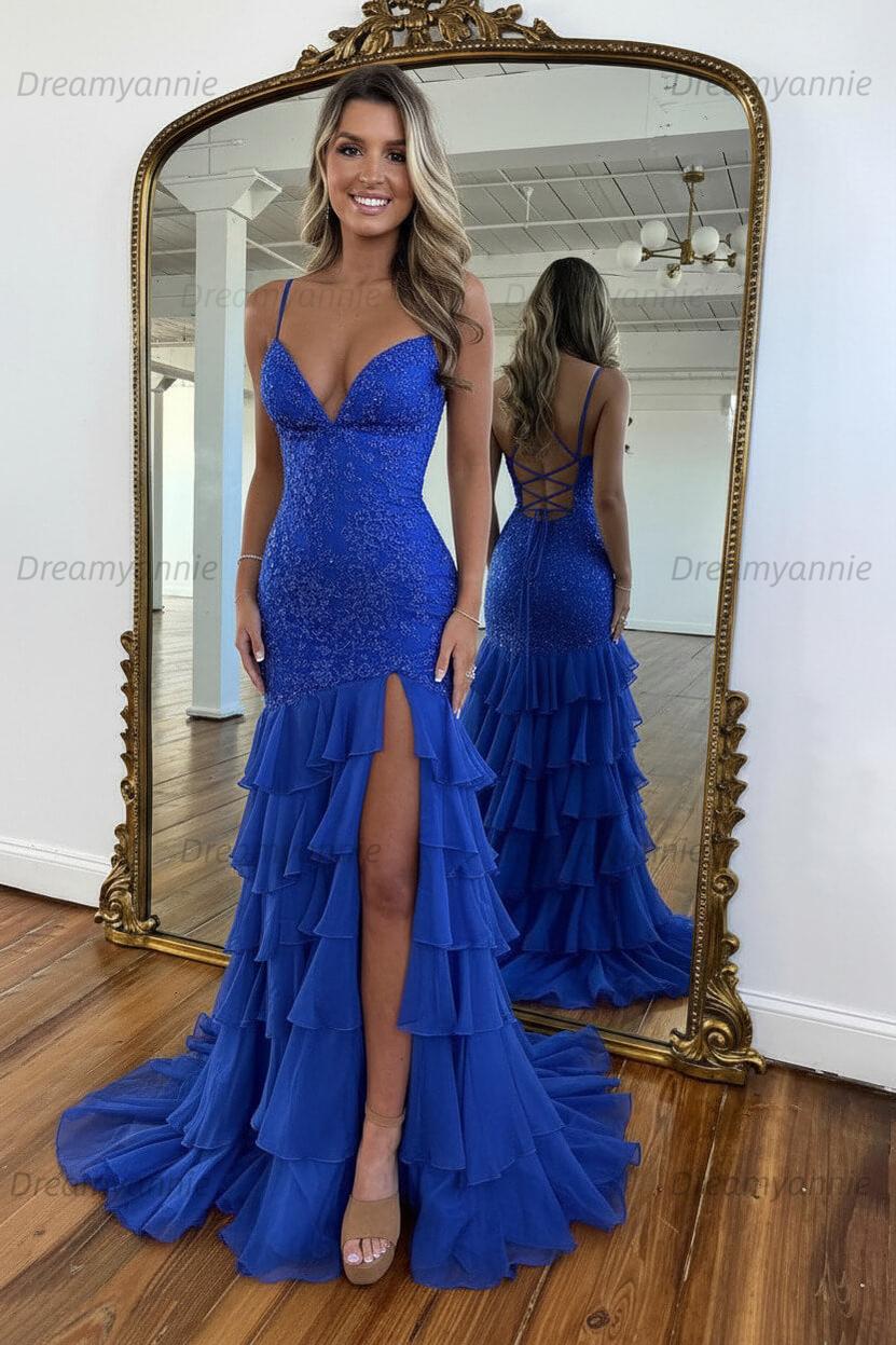 Charming Mermaid Spaghetti Straps Lace Up Long Prom Dress With Ruffle Skirt Formal Evening Gown