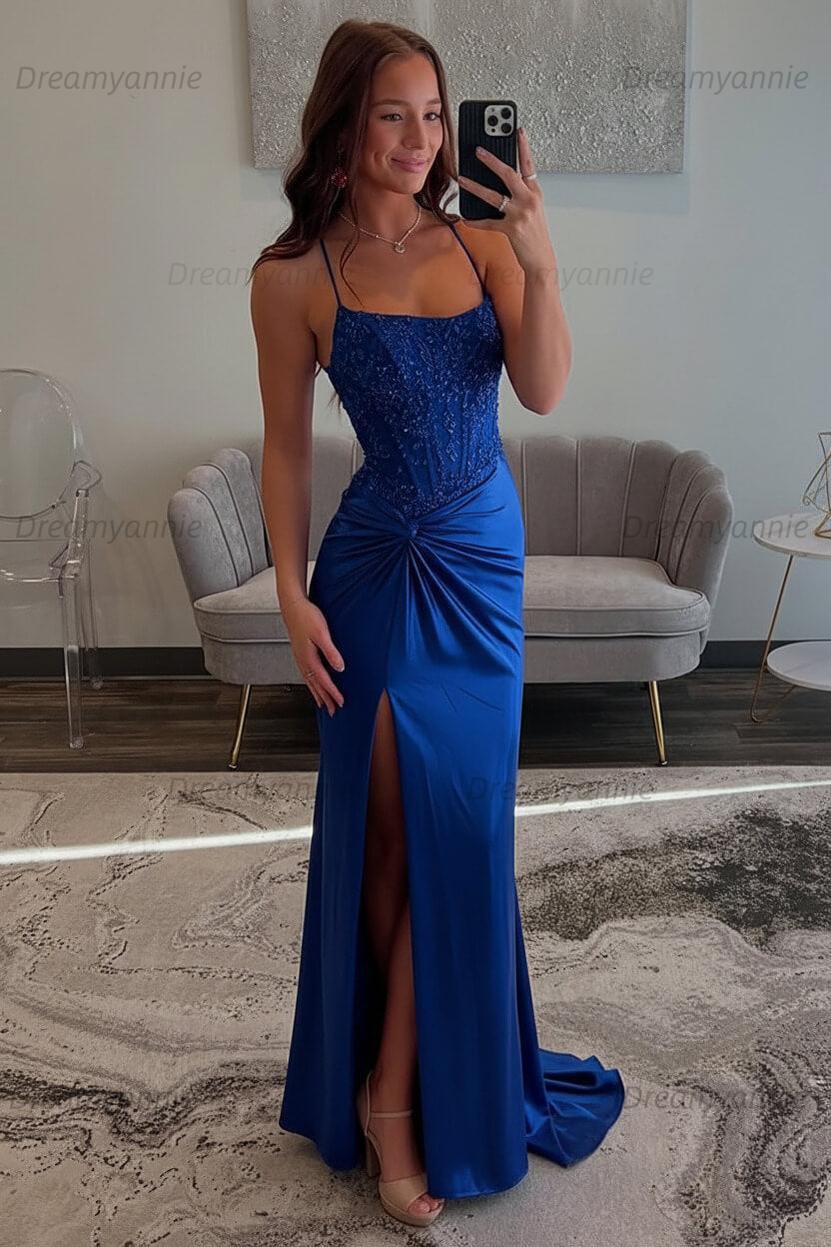 Dreamyannie Red Prom Dress Spaghetti Straps Ruhed Long Lace Formal Dress With Appliques