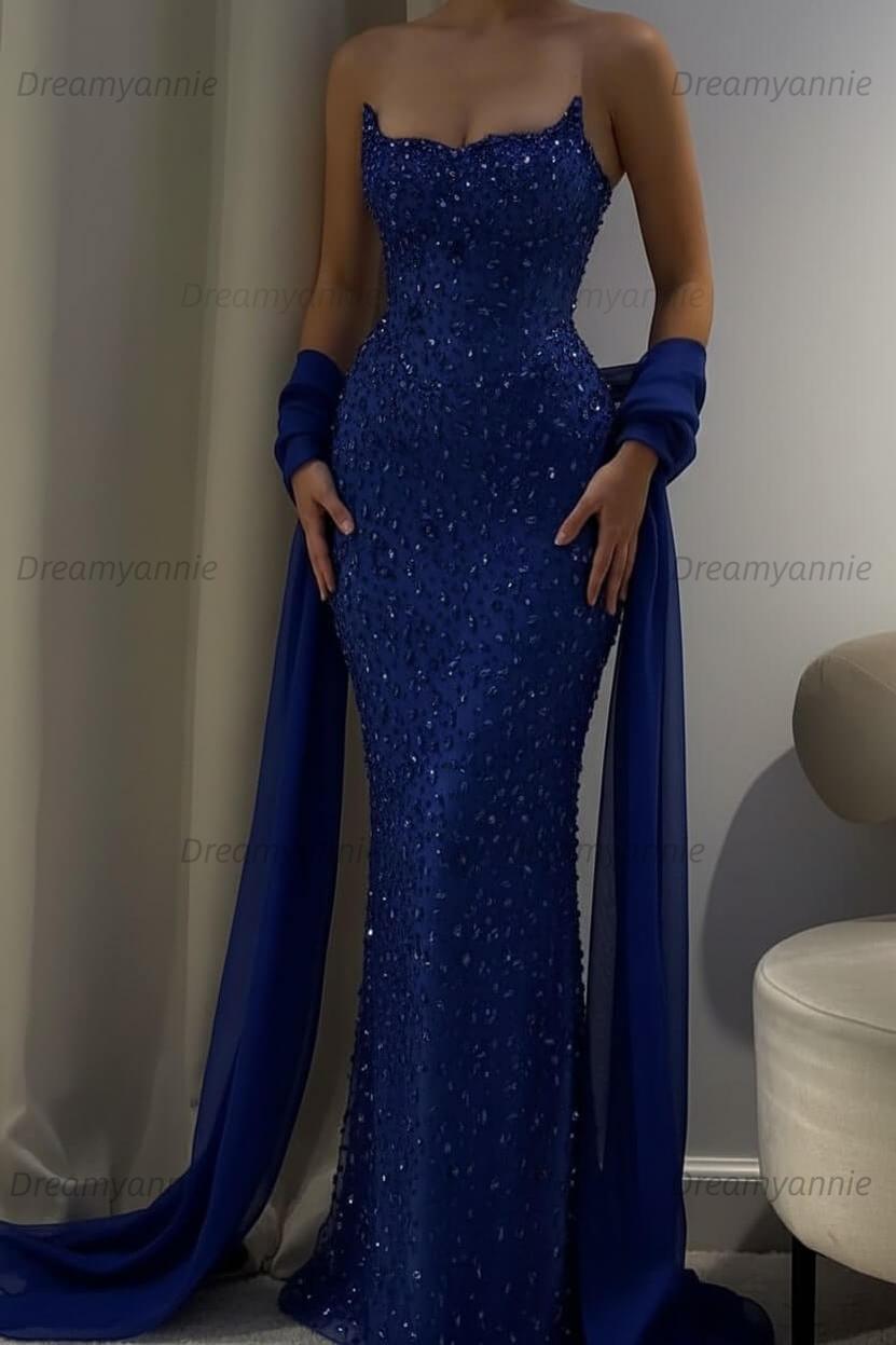 Pink Mermaid Prom Dress Strapless Beaded Evening Dress