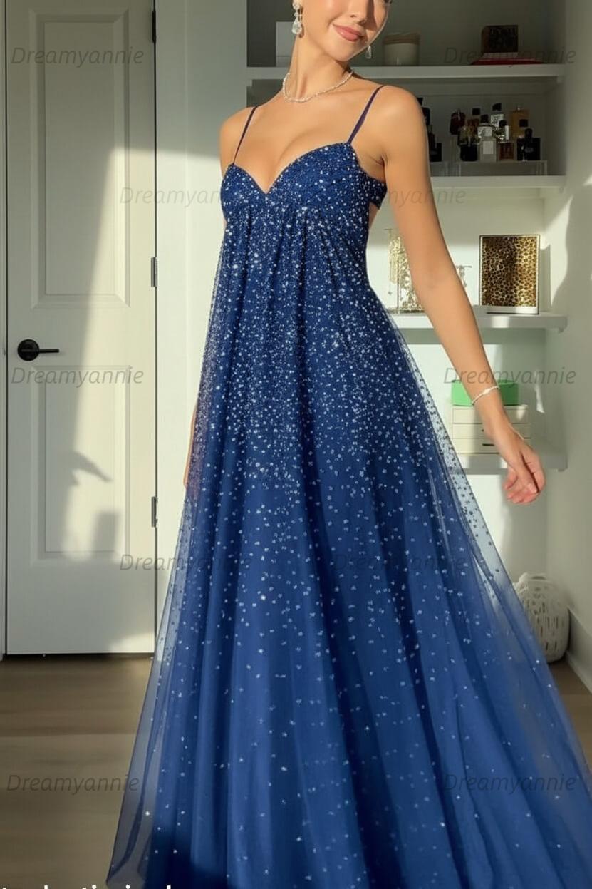 Bling A Line Spaghetti Straps Grey Blue Long Party Dress With Beading Formal Evening Gown
