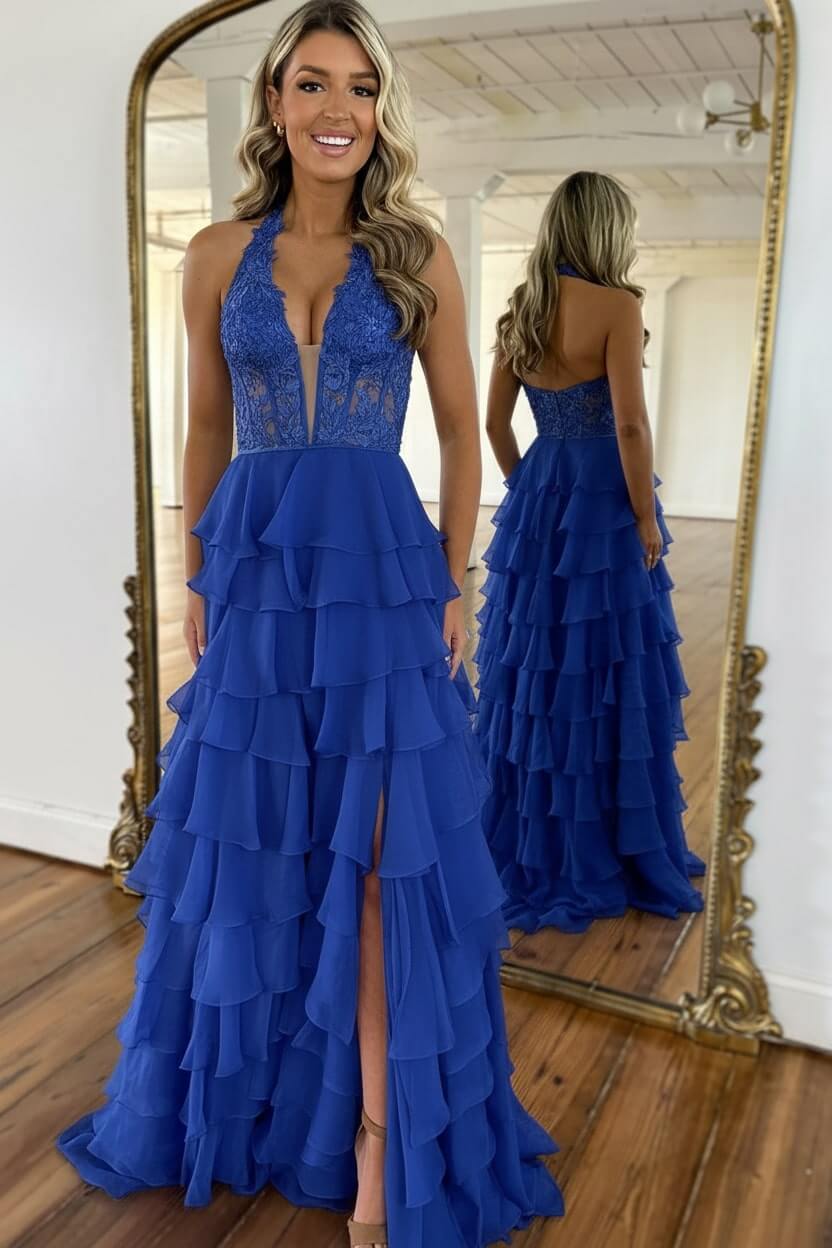 Dreamyannie Sky Blue Prom Dress Ruffled Halter Corset Evening Dress With Slit