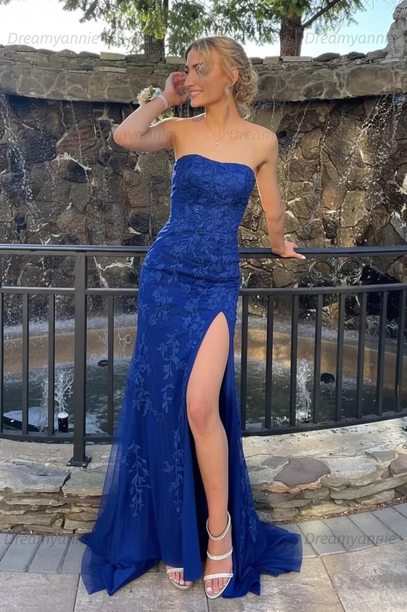 Pink Prom Dress Strapless Lace Long Evening Dress with Slit
