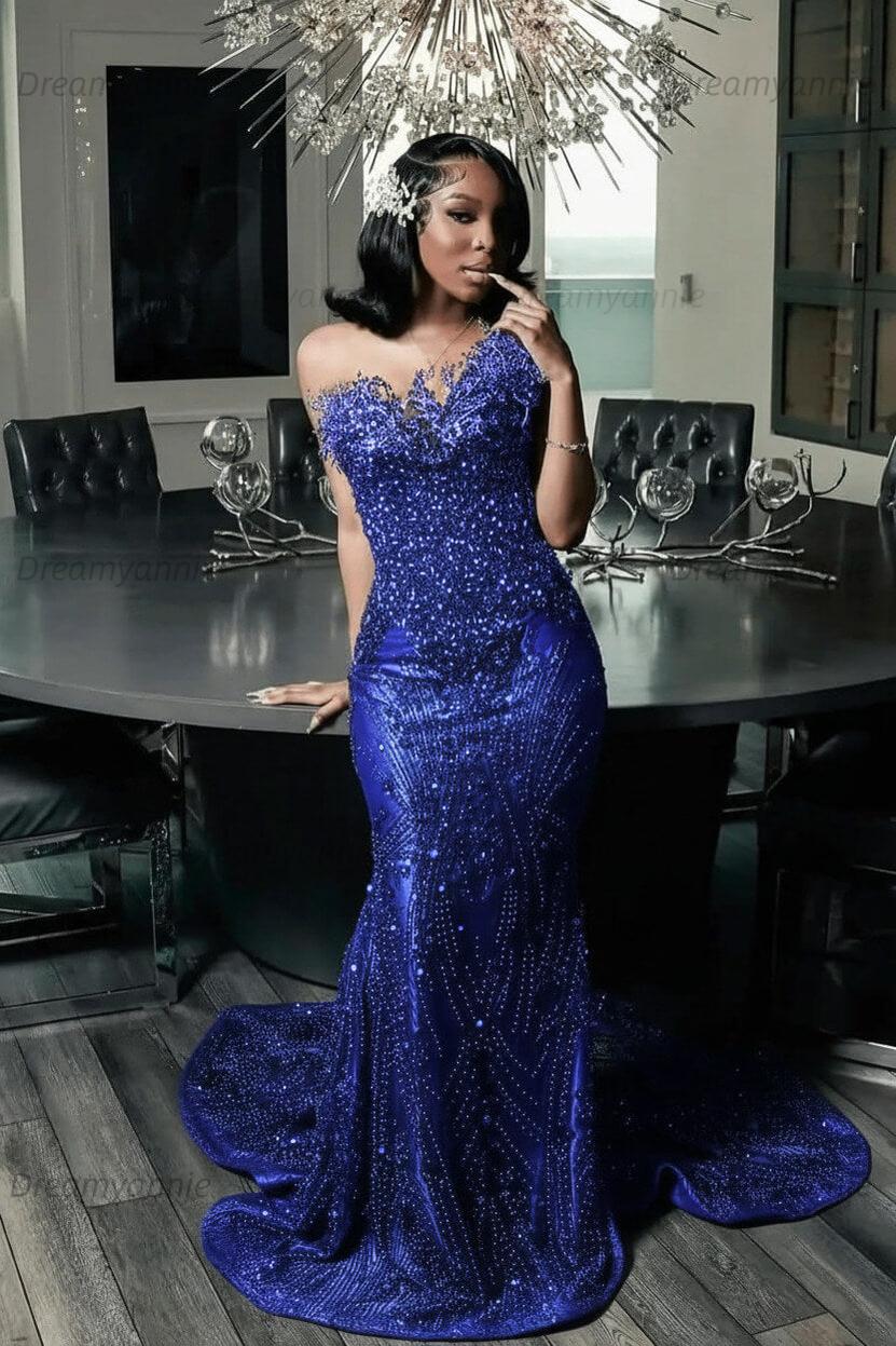 Green Mermaid Prom Dress Sleeveless Formal Evening Dress with Beadings and Rhinestones