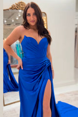 Ruched Blue Prom Dress Sweetheart Long Formal Dress With Slit