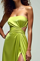 Ruched Square Neck Lemon Green Wedding Guest Dress Long Formal Dress With Slit