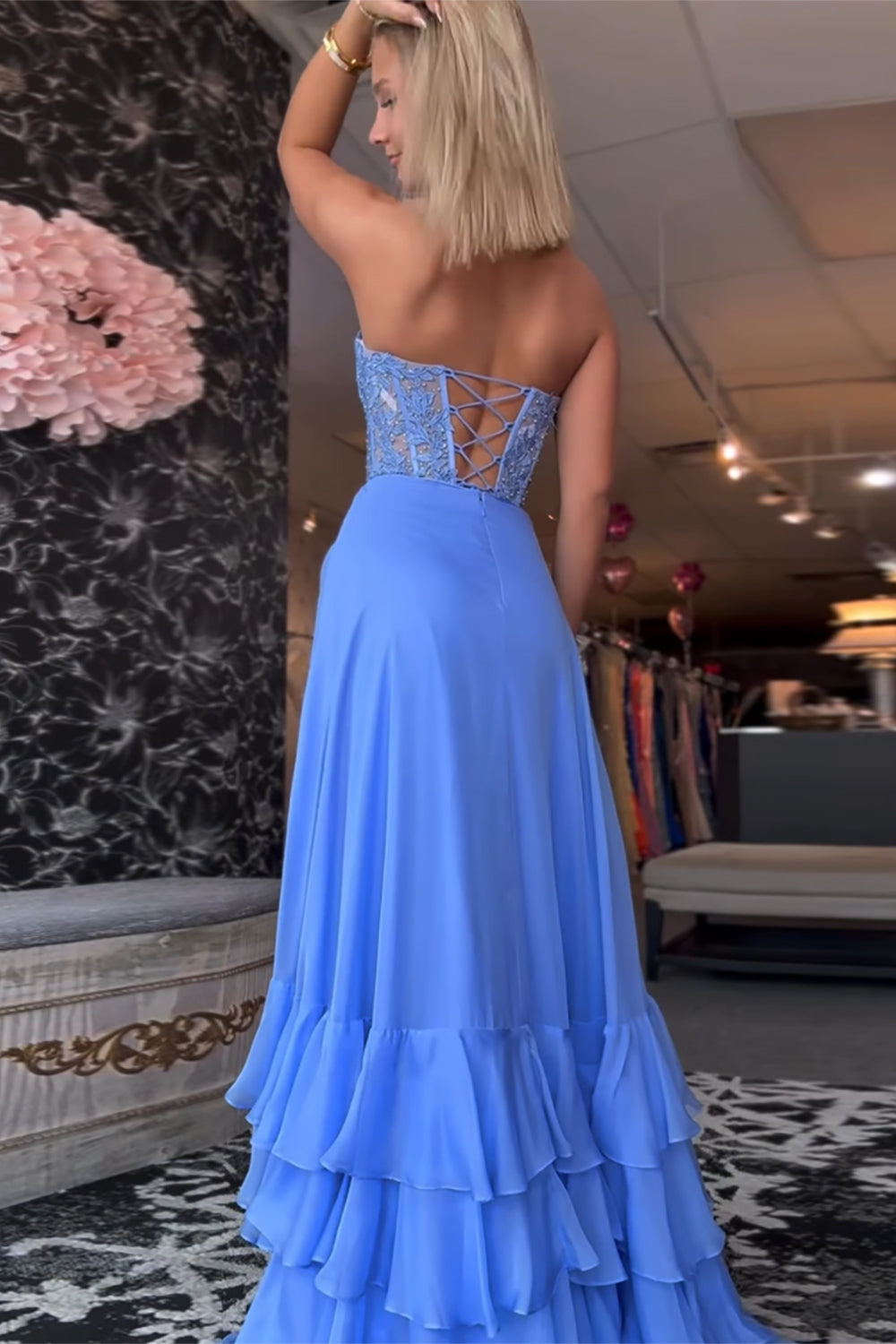 Ruffled Chiffon Blue Prom Dress Corset Long Formal Dress With Slit