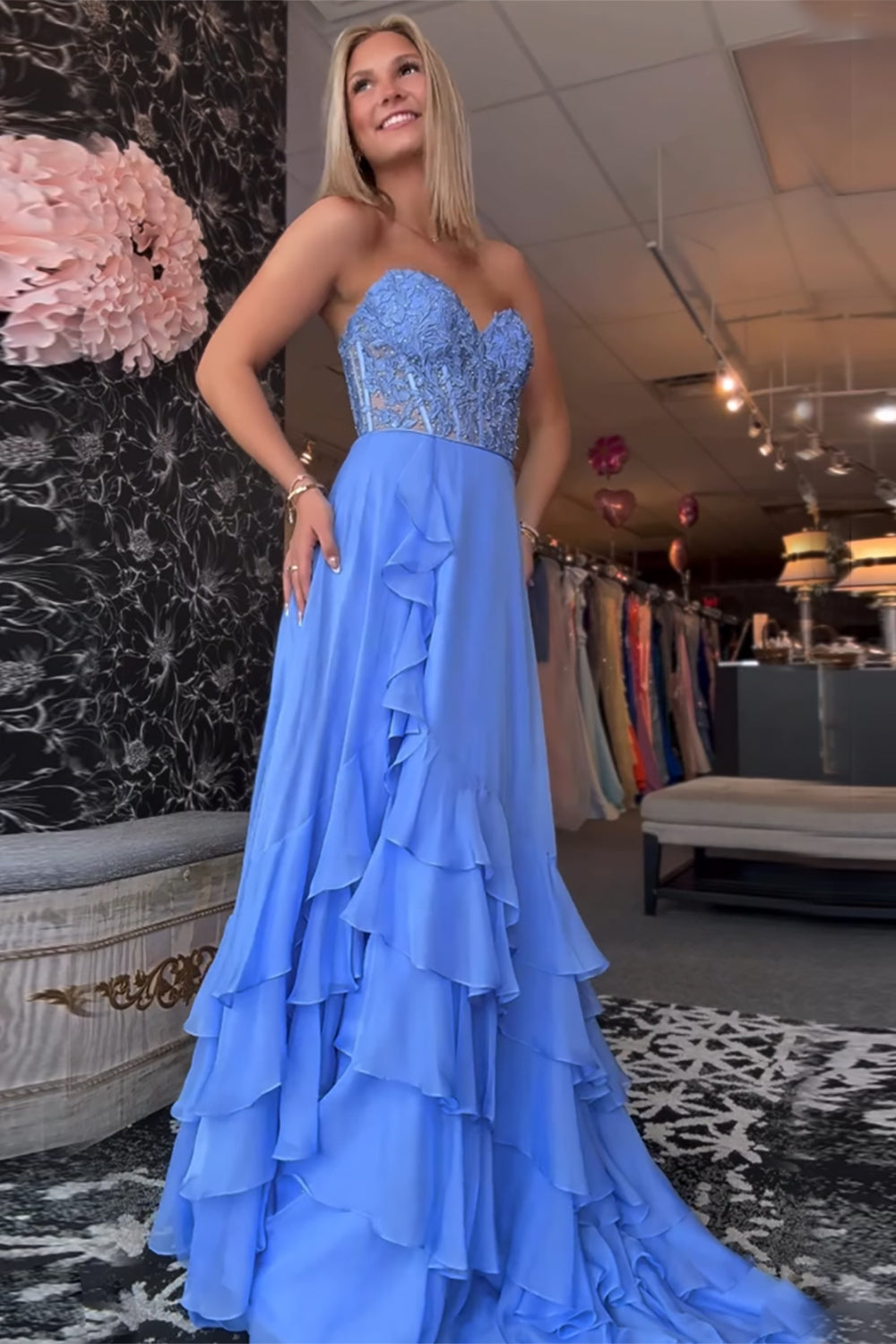 Ruffled Chiffon Blue Prom Dress Corset Long Formal Dress With Slit