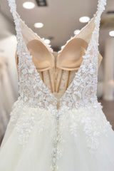 Ruffled Tulle A Line Wedding Dress with 3D Floral Straps
