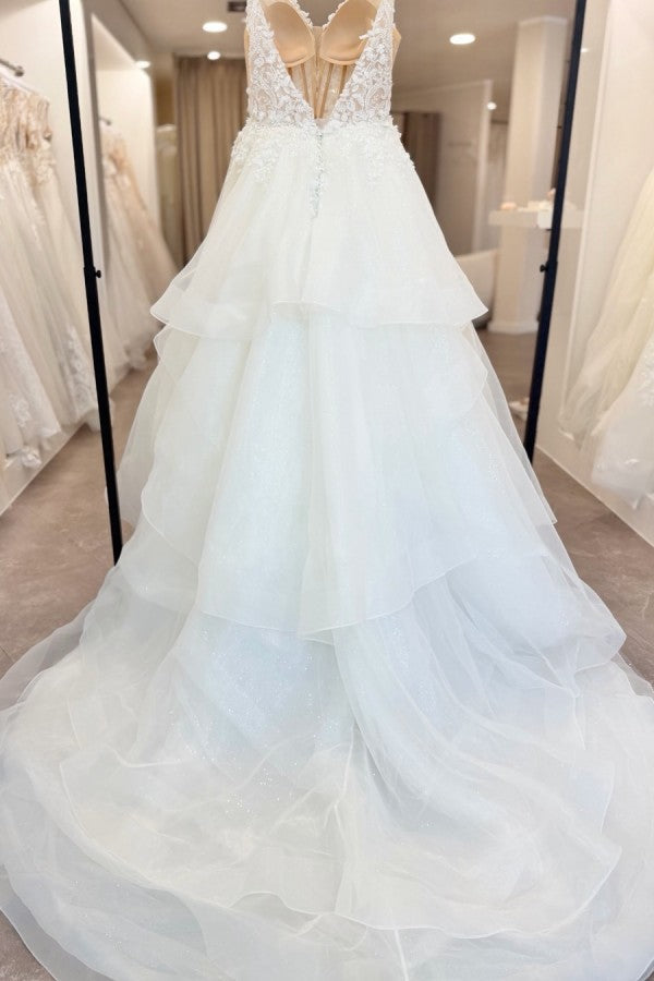 Ruffled Tulle A Line Wedding Dress with 3D Floral Straps