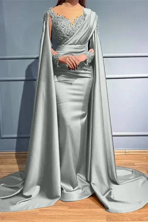 Rust Long Sleeve Mermaid Evening Dress with Bead Appliques and Ruffles