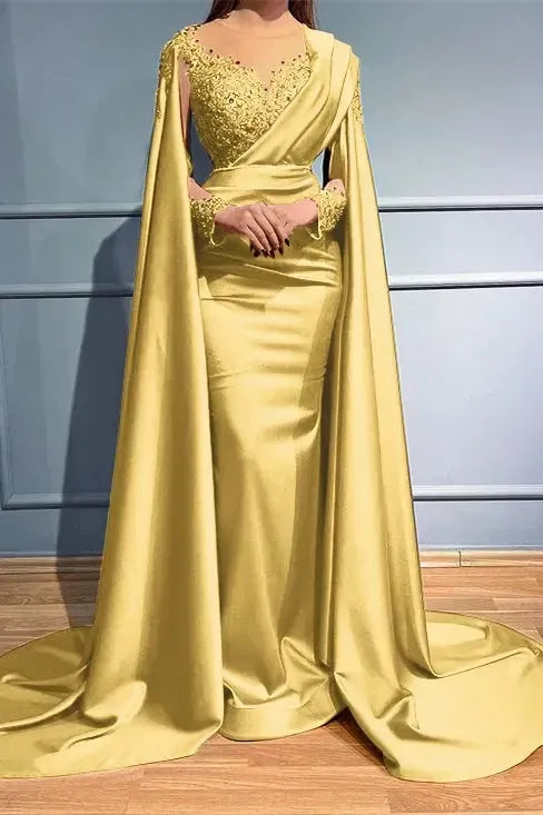 Rust Long Sleeve Mermaid Evening Dress with Bead Appliques and Ruffles