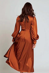 Rust Satin A-Line V-Neck Ruched Midi Prom Dress With Sleeves