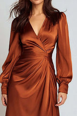 Rust Satin A-Line V-Neck Ruched Midi Prom Dress With Sleeves