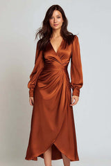 Rust Satin A-Line V-Neck Ruched Midi Prom Dress With Sleeves