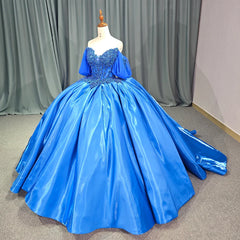 Blue Quinceanera Dress Flower Beading Sweetheart Off The Shoulder Girls Birthday Party Prom Dress