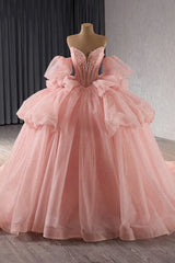 Pink Quinceanera Dress Beaded Crystals Detachable Sleeves Pearls Sweet 16 Party Dress