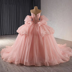 Pink Quinceanera Dress Beaded Crystals Detachable Sleeves Pearls Sweet 16 Party Dress