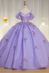 Shiny Purple Quinceanera Dress Ball Gown Colrorful Floral Appliques Lace Up Court Train Beading Sweet 16 Party Dress