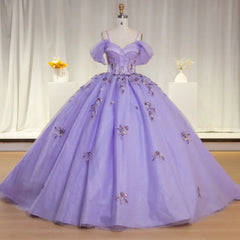 Shiny Purple Quinceanera Dress Ball Gown Colrorful Floral Appliques Lace Up Court Train Beading Sweet 16 Party Dress