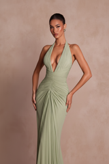 Sage Green Mermaid Prom Dress with Plunging Halter and Open Back