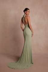 Sage Green Mermaid Prom Dress with Plunging Halter and Open Back