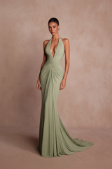 Sage Green Mermaid Prom Dress with Plunging Halter and Open Back