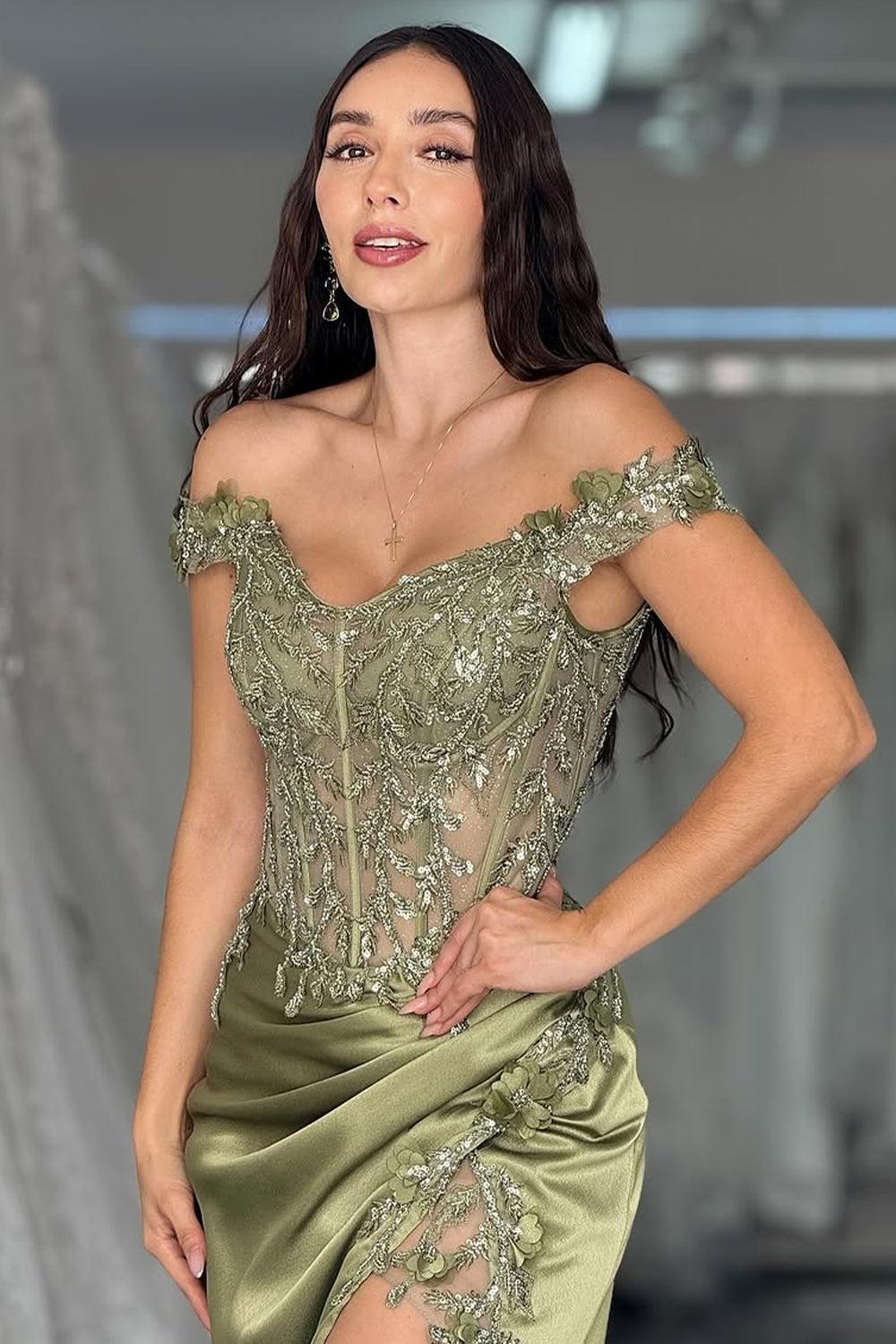 Sage Green Off-Shoulder Embellished Corset Prom Dress With High Slit Formal Evening Gown