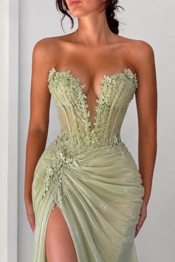 Sage Green Prom Dress with Sheer Corset and 3D Floral Lace