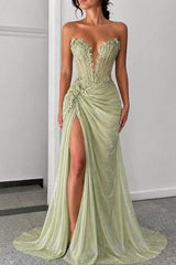 Sage Green Prom Dress with Sheer Corset and 3D Floral Lace