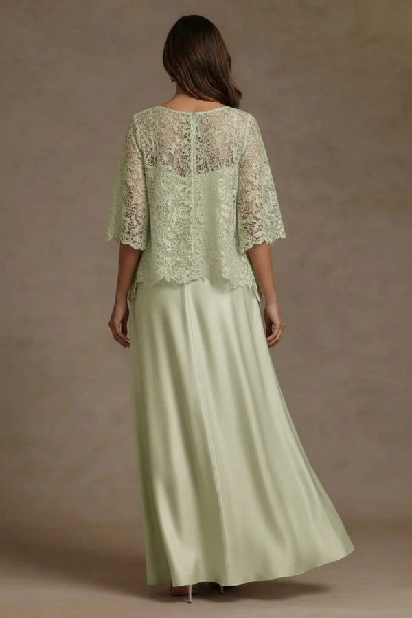 Sage Green Satin A Line Mother of the Bride Dress with Lace Jacket