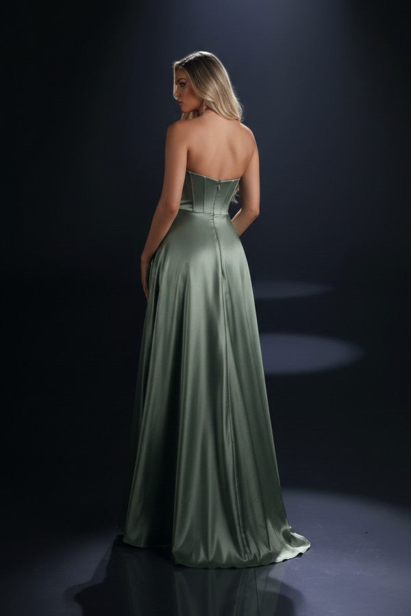 Sage Green Satin A Line Prom Dress with Corset Bodice and High Slit