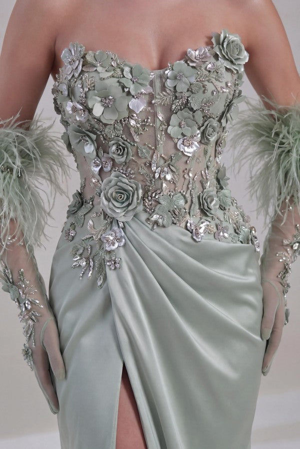 Sage Green Satin Mermaid Prom Dress with 3D Flowers and High Slit