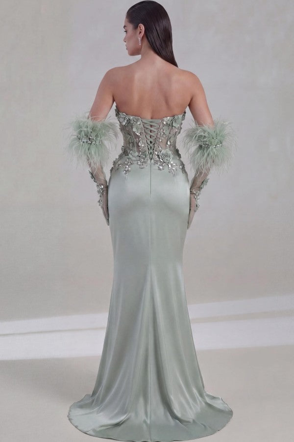 Sage Green Satin Mermaid Prom Dress with 3D Flowers and High Slit