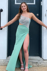 Sage Prom Dress Beaded Mermaid One Shoulder Long Evening Dress With Slit