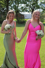 Sage Prom Dress Mermaid Satin Spaghetti Straps Long Evening Dress With Appliques