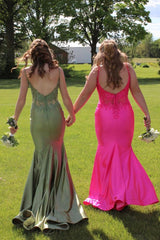 Sage Prom Dress Mermaid Satin Spaghetti Straps Long Evening Dress With Appliques