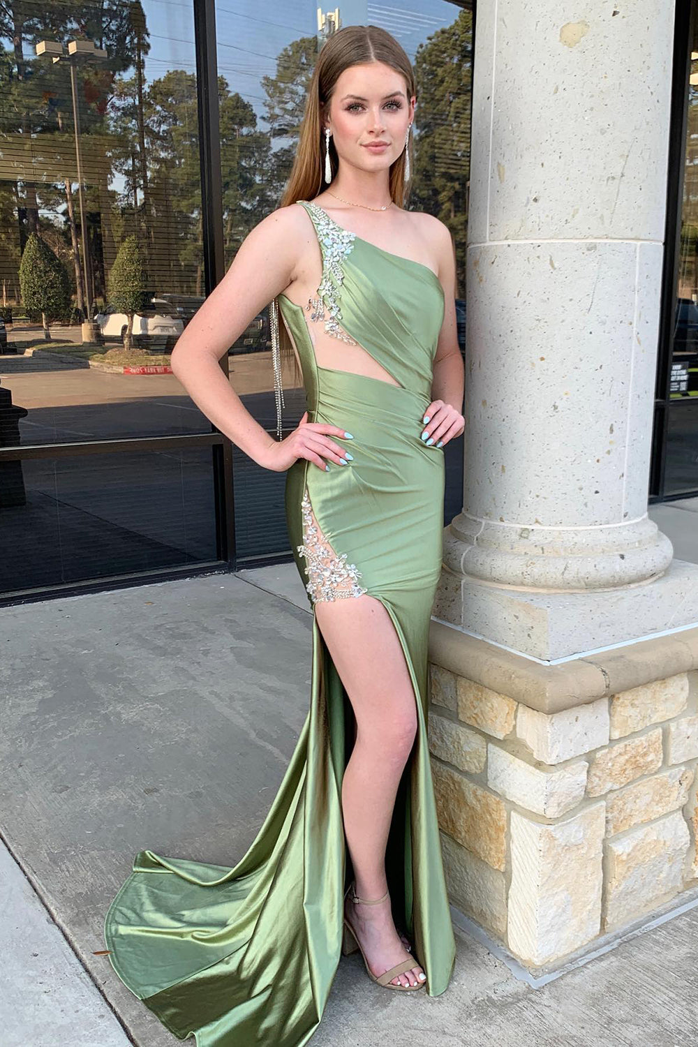 Sage Prom Dress One Shoulder Mermaid Evening Dress with Slit