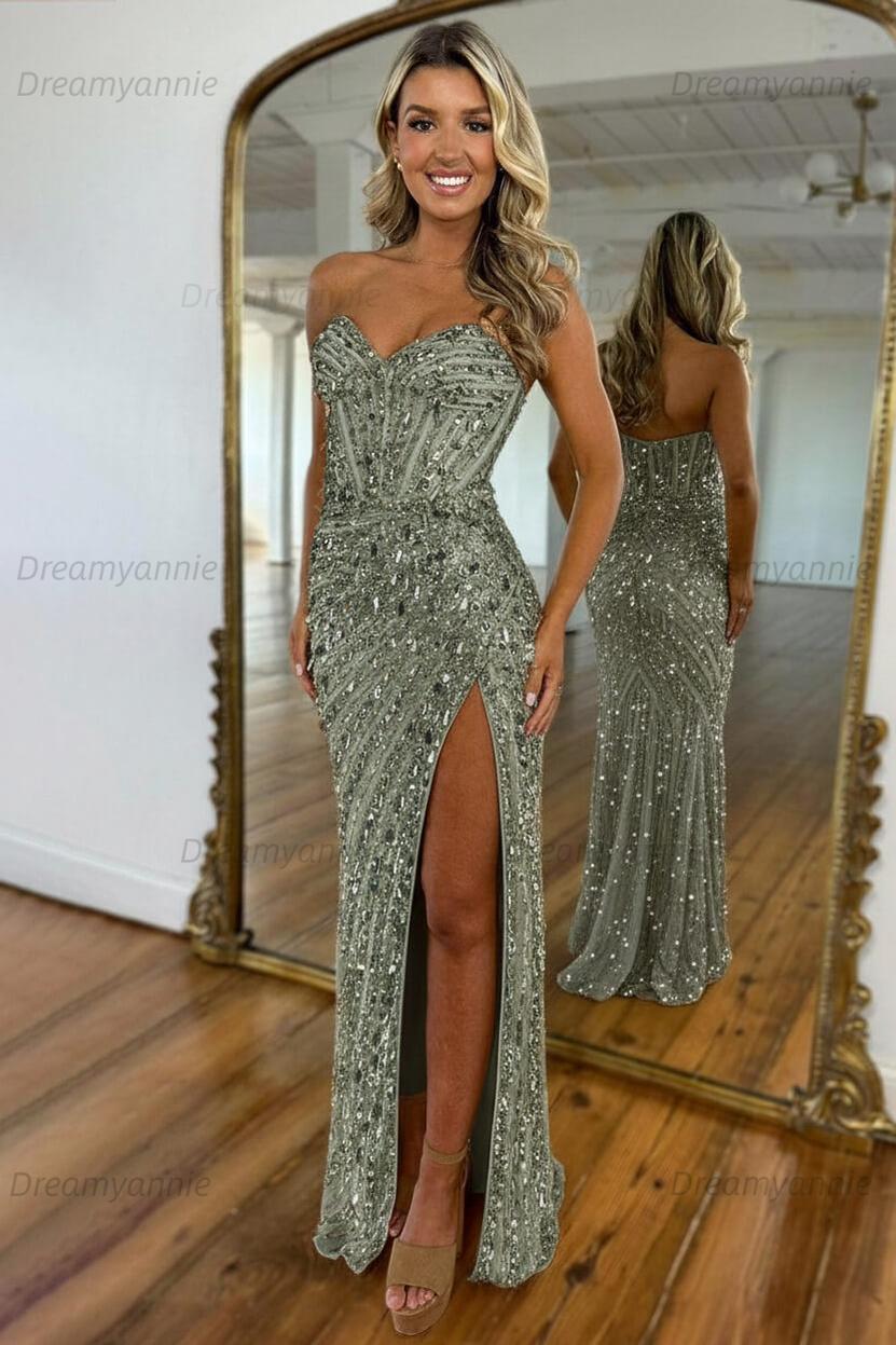 Sweetheart Mermaid Sequined Prom Dress With High Slit Skirt Evening Gown