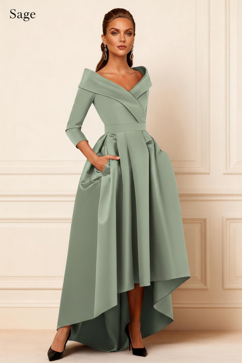 Dreamyannie Dark Navy V Neck Satin High Low Mother Of The Bride Dress With Pockets