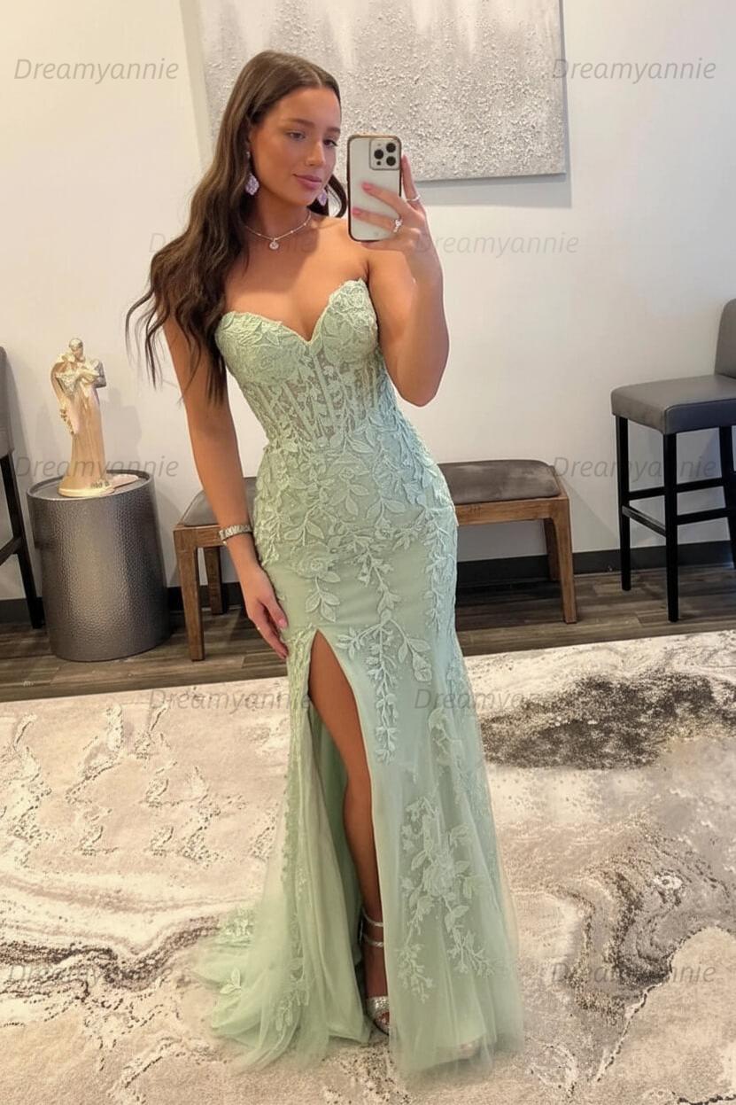 Light Blue Prom Dress Mermaid Sweetheart Corset Long Laced Evening Dress with Slit