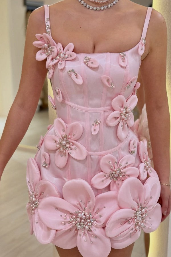 Satin A Line Homecoming Dress with 3D Flowers and Corset Bodice