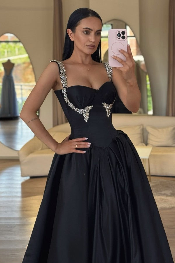 Satin A Line Prom Dress with Crystal Straps and Corset Bodice
