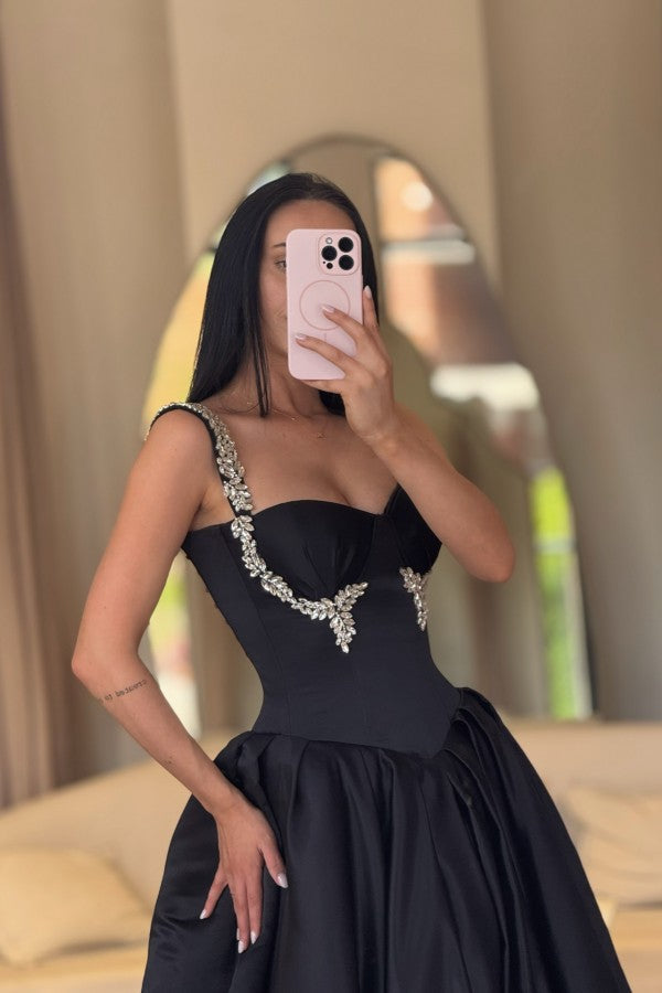 Satin A Line Prom Dress with Crystal Straps and Corset Bodice