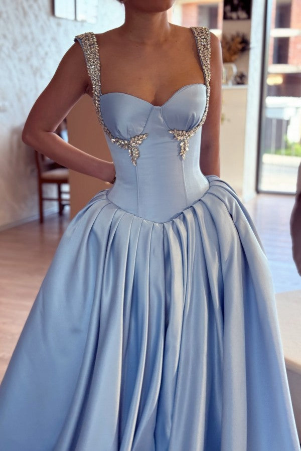 Satin A Line Prom Dress with Crystal Straps and Corset Bodice