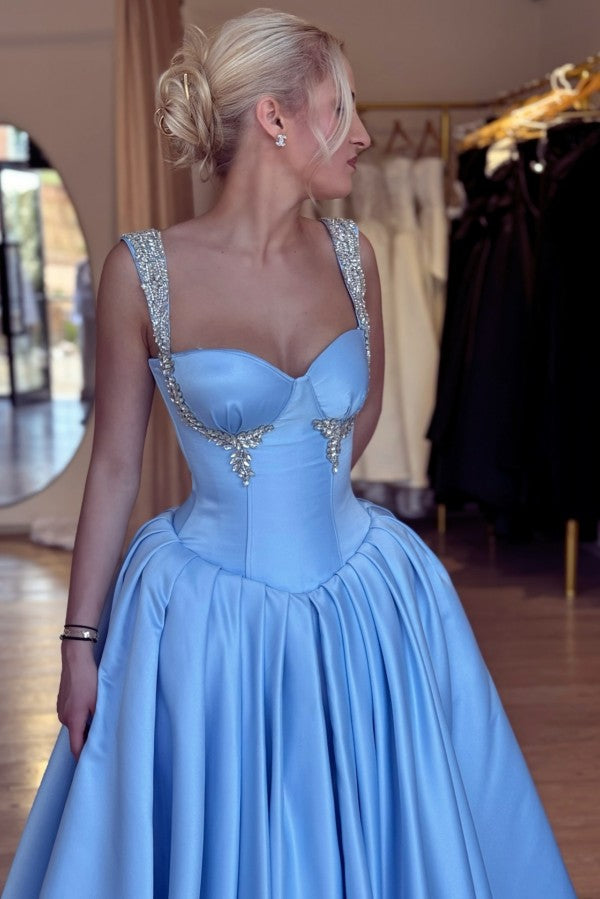 Satin A Line Prom Dress with Crystal Straps and Corset Bodice