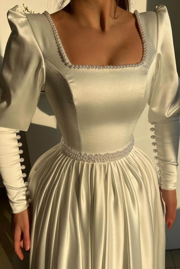 Satin A Line Prom Dress with Pearl Square Neck and Puff Sleeves