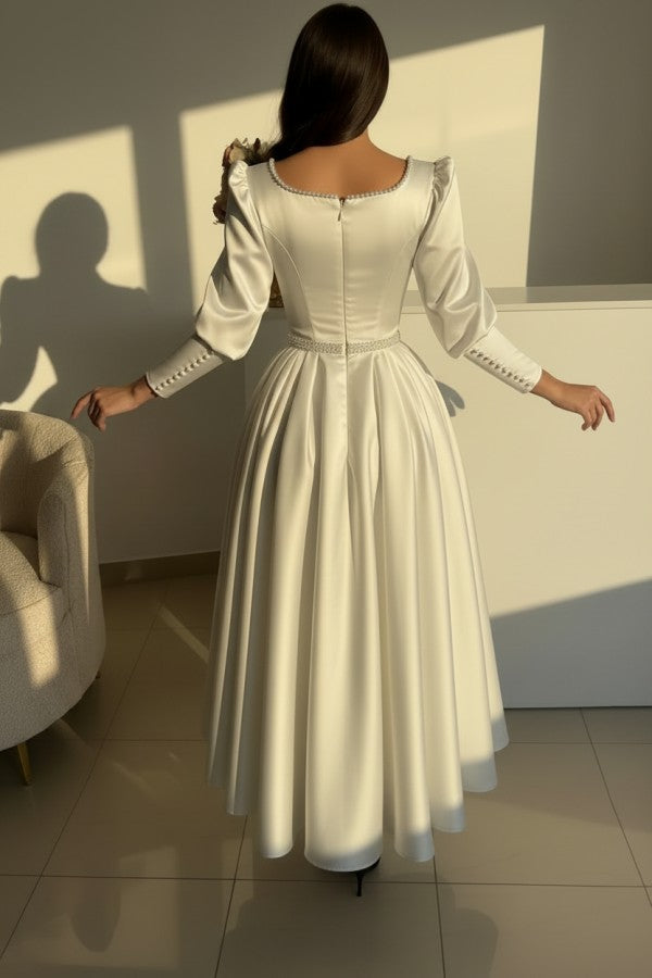 Satin A Line Prom Dress with Pearl Square Neck and Puff Sleeves